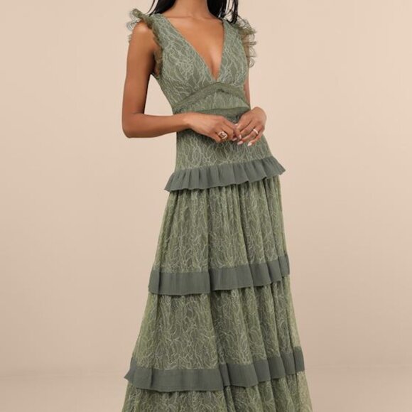 Lulus Dresses & Skirts - Lulus Marvelous Darling Olive Lace Ruffled Tiered Maxi Dress Green - Size XL